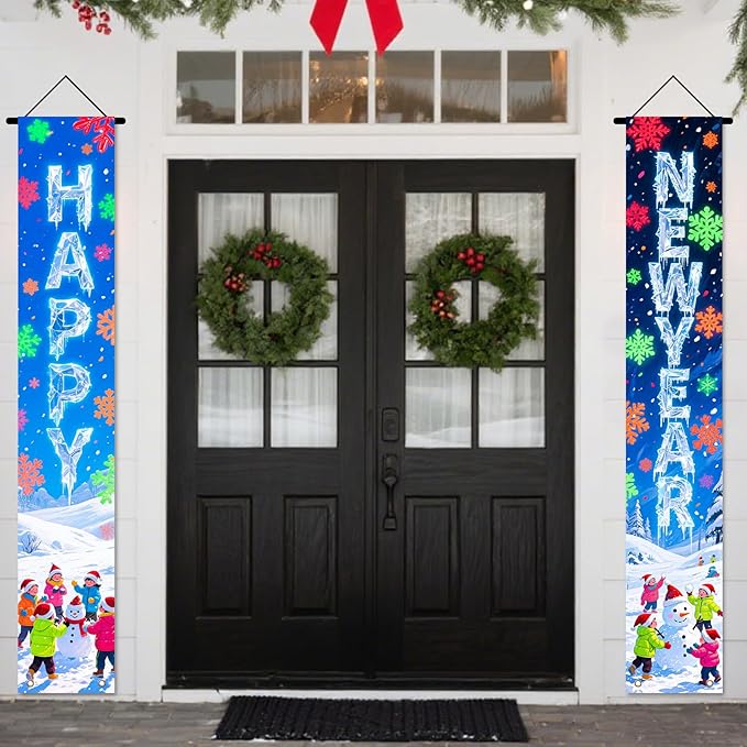 Nuxovilar Happy New Year Banner, 70.86" x 11.81" Colorful Balls Fireworks Hanging Decorations for Outdoor Indoor Home Wall