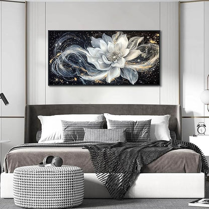 QZQCBLC Abstract Flower Wall Art, Black and White Gold Simplicity Framed Canvas Painting Large White Lotus Modern Pictures Artwork for Living room Bedroom kitchen Home Office Decor 24x48 IN