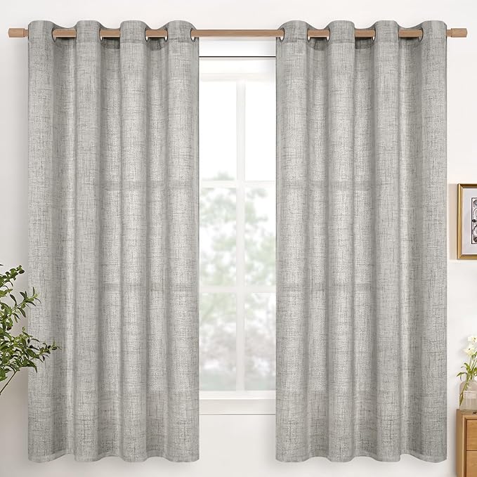 YoungsTex Dark Grey Linen Curtains for Living Room 52 X 68 Inch Length, Light Filtering Semi Sheer Drapes with Bronze Grommet Textured Window Treatments for Bedroom Office, 2 Panels