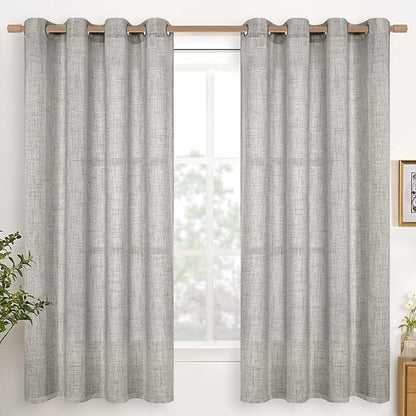 YoungsTex Dark Grey Linen Curtains for Living Room 52 X 68 Inch Length, Light Filtering Semi Sheer Drapes with Bronze Grommet Textured Window Treatments for Bedroom Office, 2 Panels