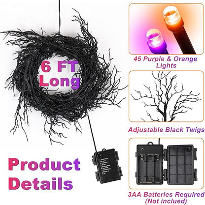 6 FT Halloween Black Garland Willow Vine Twig Decor with Orange & Purple Light, 8 Modes & Timer Battery Operated Waterproof Halloween Decorations Indoor for Mantle Fireplace Home Party Decor