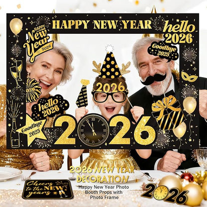 New Years Eve Party Supplies 2026 - Deluxe NYE Photo Booth Props Kit with Giant Glitter Photo Frame, 2026 Glasses (Pack of 20)