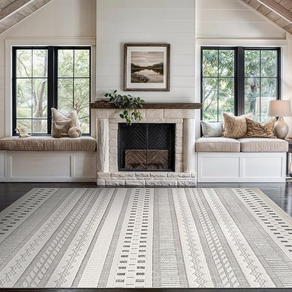 Beverly Rug Micro Loop Area Rug Gray/White 9x12 Geometric Modern Scandinavian Striped Durable Soft Indoor Rugs for Living Dining Room Office Stain Resistant Non Shedding Casual Indoor Carpet 9 x 12