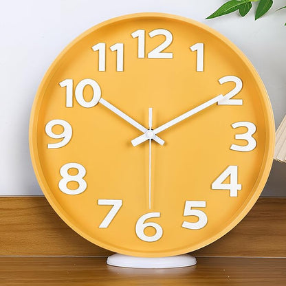 45MinST 12-Inch Modern Yellow Indoor/Outdoor Wall Clock, Silent Non-Ticking, Large Numbers, Accurate Timekeeping, Perfect Decorative Accent for Home or Office (Yellow)
