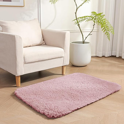 Amazon Basics Fluffy Washable Area Rug, Bedside Shaggy Carpet for Door Entryway, Living Room and Bedroom, 2' W × 3' L, Pink