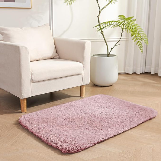 Amazon Basics Fluffy Washable Area Rug, Bedside Shaggy Carpet for Door Entryway, Living Room and Bedroom, 2' W × 3' L, Pink