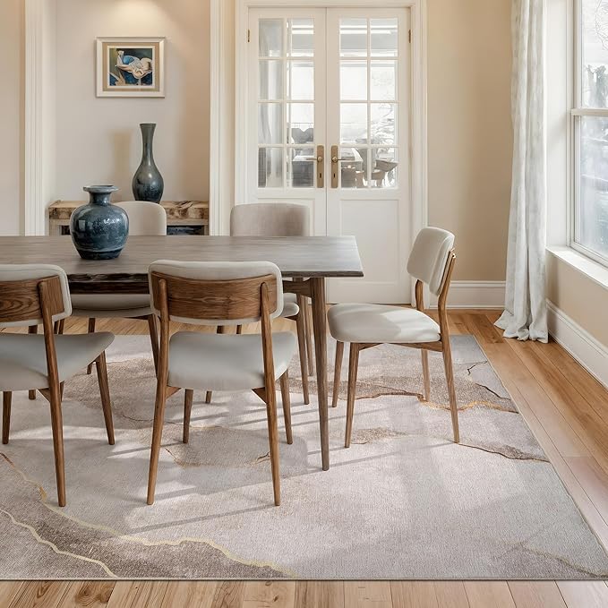 Bloom Rugs Caria Washable Non-Slip 9x12 Rug - Ivory/Gold Modern Abstract Area Rug for Living Room, Bedroom, Dining Room, and Kitchen - Exact Size: 9' x 12'