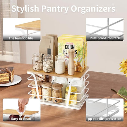 Pantry Organization & Kitchen Storage Containers - Stackable Fruit and Vegetable Storage with Lightweight PP Mat & Bamboo Top for Snacks, Produce,White