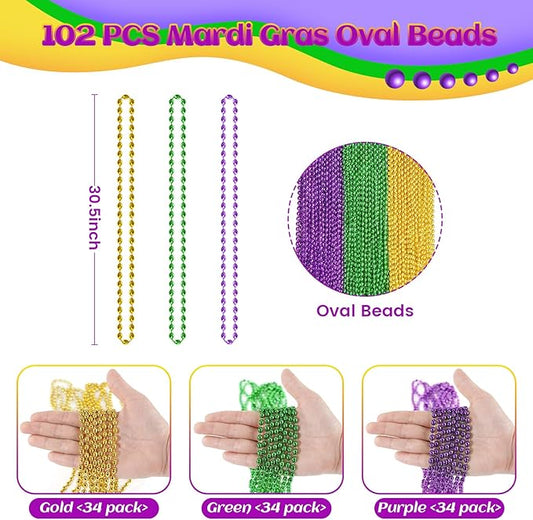 SHAOQINLIN 102 PCS Mardi Gras Beads, 30.5'' Metallic Gold Green Purple Mardi Gras Oval Beads Necklaces Mardi Gras Accessories Bulk Carnival Bead Necklace for Mardi Gras Parade Throws Party Favors