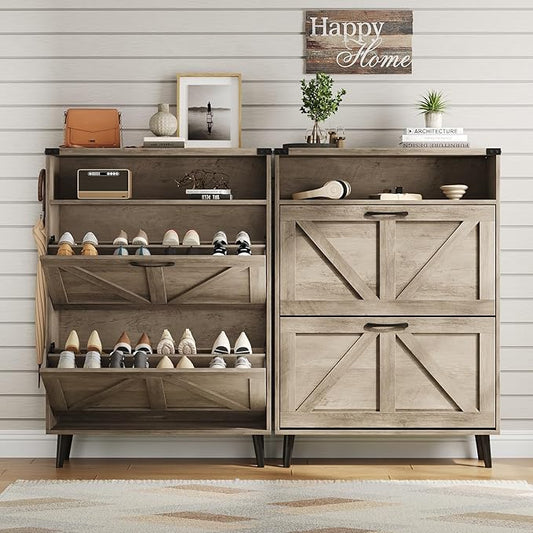 Vabches Shoe Storage Cabinet with 2 Flip Drawers,Freestanding Narrow Shoe Organizer with Open Storage,Hidden Slim Shoe Rack Cabinet for Entryway,Grey (2 Pack)