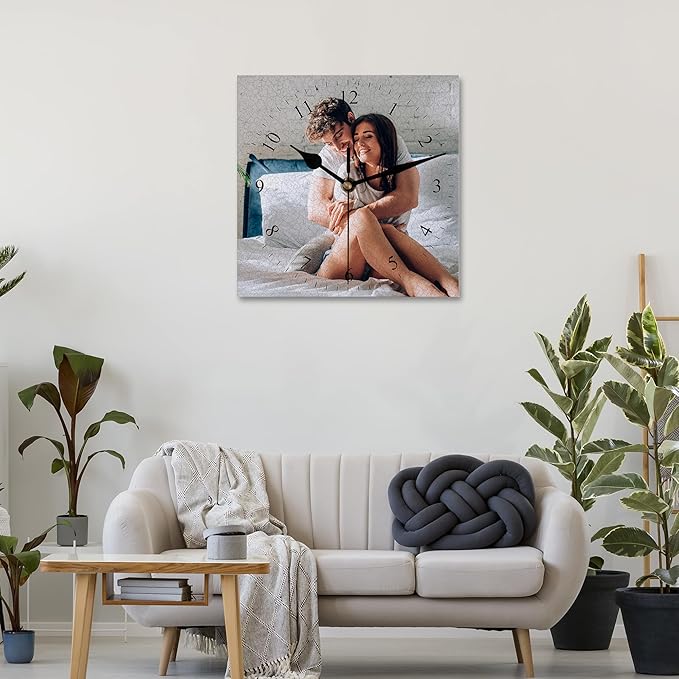 Custom Square Family Wall Clock with Photo Text, Personalized Picture Wall Clocks for Living Room Decor Customized Gift for Christmas Birthday Wedding Valentine's Fits Kitchen Bathroom