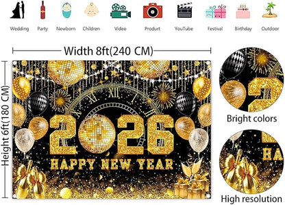 Happy New Year 2026 Black Gold Backdrop 2026 New Year Eve Countdown Photo Background Cheer to 2026 Party Decoration Banner Photo Supplies (Gold, 94x70inch(8x6FT))