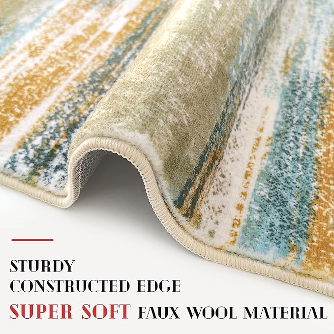 Modern Abstract Bedroom Runner Rug 2x7, Green Mustard Multi Washable Kitchen Runner, Non-Slip Soft Thin Faux Wool Mat for Entryway, Hallway, Laundry Room, Indoor Home Decor