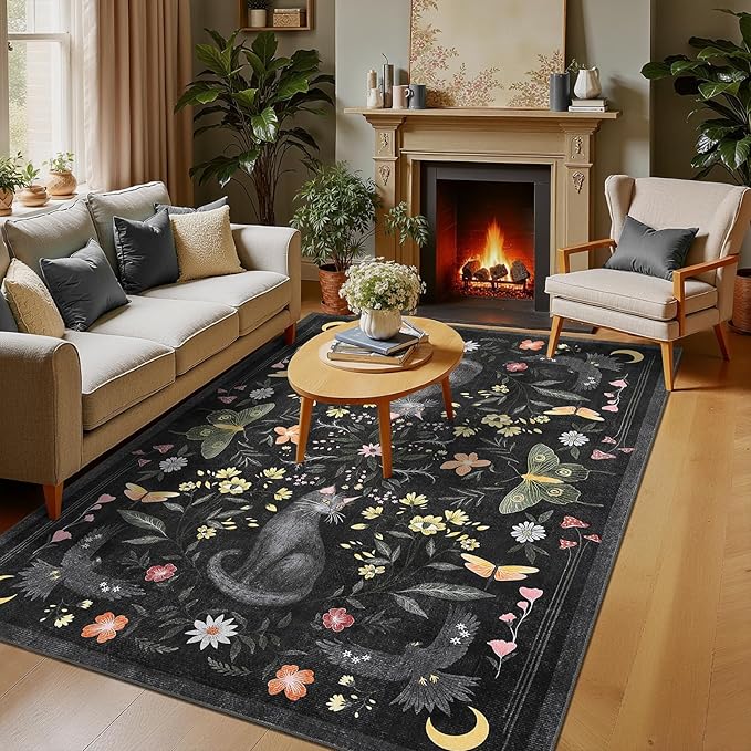 GarveeHome 5x7 Cat Area Rug Black Washable Rugs for Living Room Bedroom, Soft Mushroom Floral Low Pile Non Slip Floor Mat Animal Print Throw Rug Indoor Carpet for Dorm Playroom Gothic Decor