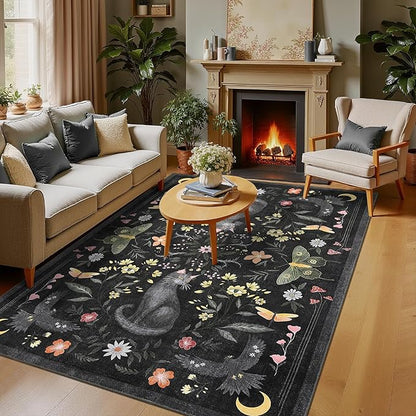 GarveeHome 5x7 Cat Area Rug Black Washable Rugs for Living Room Bedroom, Soft Mushroom Floral Low Pile Non Slip Floor Mat Animal Print Throw Rug Indoor Carpet for Dorm Playroom Gothic Decor