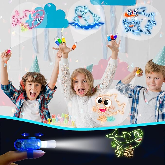 24PCS Cartoon Shark Party Favors-Fish Baby LED Finger Lights：Glow-in-the-Dark Light-Up Toys Bulk for Kids,Under the Sea Birthday Party Decorations Supplies,Goodie Bags Stuffers, Classroom Prizes Gifts