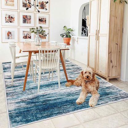 KOZYFLY Area Rug 9x12 Modern Ombre Living Room Rug, Washable Large Thin Rugs Non-Slip Soft Striped Rug for Bedroom, Print Blue Abstract Carpet for Laundry/Kid Room