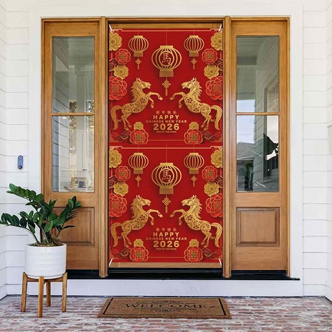 Year Of The Horse Happy Chinese New Year 2026 Door Cover Decorations Banner Flag Welcome Hanging Backdrop Sign Party Background Decor Holiday Supplies 35 * 72 Inches