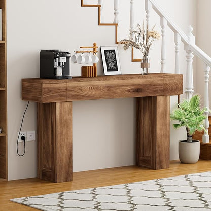 63 Inch Long Console Table, Narrow Rectangular Sofa Table Behind The Couch, Farmhouse Entryway Table for Entrance, Hallway, Living Room (Brown)