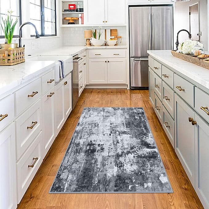 KOZYFLY Modern Abstract 3x5 Rug Gray Washable Rug Entry Rug, Soft Non-Slip Contemporary Nursery Mat Indoor Throw Kitchen Carpet with Soft Low Pile for Bedroom Office Living Room Bathroom Dorm