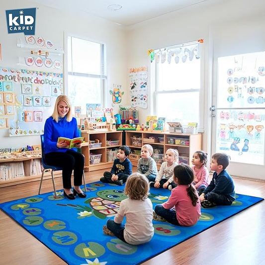 Turtle Pond Circle Time Rug 7'6"x 12' Rectangle, Educational Classroom Rug, Kids Learning Play Mat | Area Rug for Bedroom or Playroom
