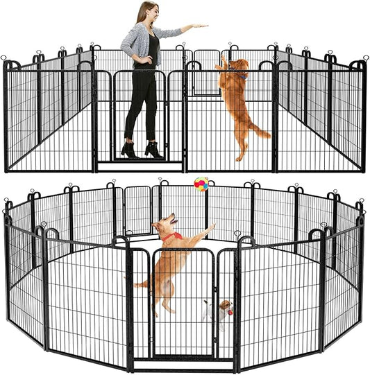 Dog Playpen Outdoor 16 Piece Panels Heavy Duty Dog Fence 40" Height Anti-Rust with Doors Portable for RV Camping Yard, Total 36FT, 102 Sq.ft, Snowy Black