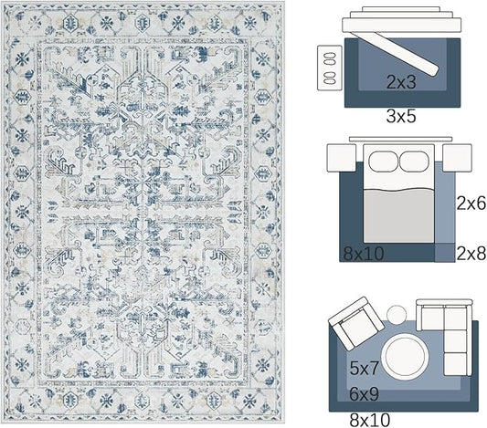 jinchan 2x3 Washable Rug for Entryway - Vintage Floral Ultra-Thin Low Pile Soft Small Non Slip Distressed Indoor Door mat Accent Area Rug for Entrance Kitchen Bathroom Bedroom (2x3ft,Blue)