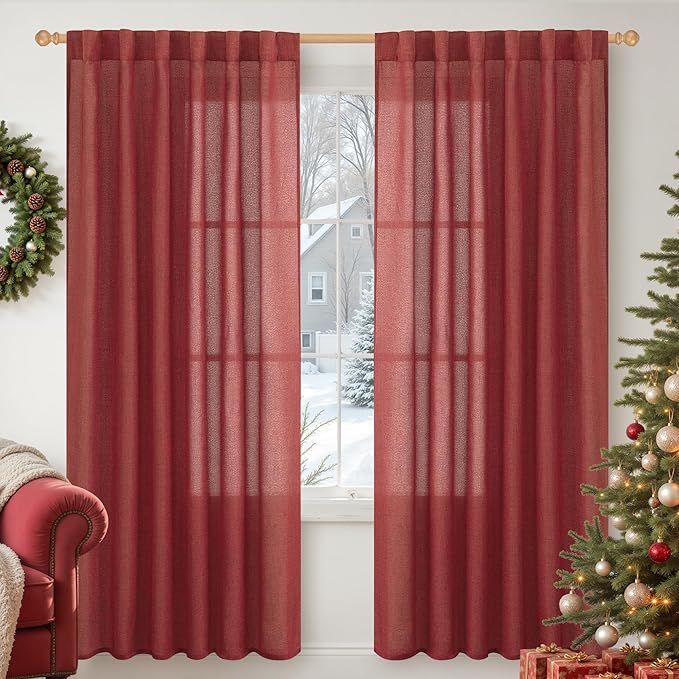 YoungsTex Burgundy Red Linen Semi Sheer Curtains 78 Inch Length for Living Room, Christmas Light Filtering Window Drapes with Rod Pocket Back Tab for Dining Bedroom, 2 Panels, 52 X 78 Inch