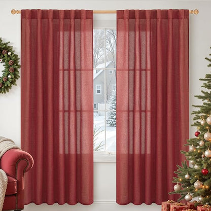 YoungsTex Burgundy Red Linen Semi Sheer Curtains 78 Inch Length for Living Room, Christmas Light Filtering Window Drapes with Rod Pocket Back Tab for Dining Bedroom, 2 Panels, 52 X 78 Inch