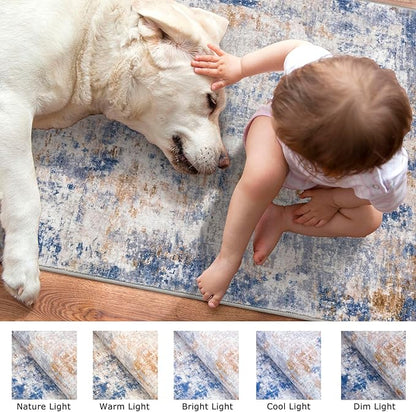 Modern Abstract Runner Rug for Bedroom 2x7, Grey Blue Orange Multi Washable Kitchen Runner, Non-Slip Soft Thin Faux Wool Mat for Entryway, Hallway, Laundry Room Indoor