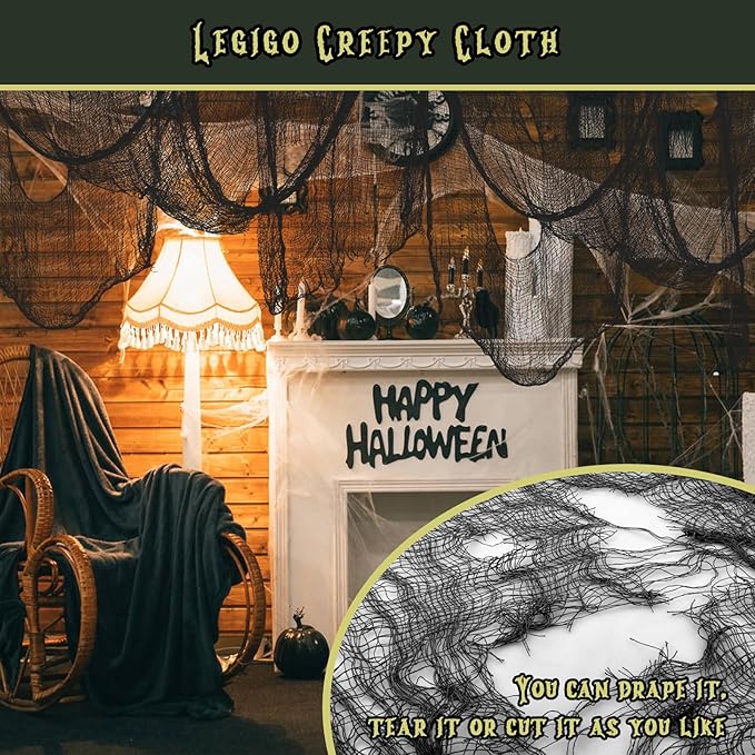 Legigo 16 Pack Balck Halloween Creepy Cloths Cheesecloths, Spooky Black Mesh Fabric Cheese Cloths for Crafts, Scary Gauze Fabric for Party Supplies Home Wall Doorway Outdoor Yard Decor
