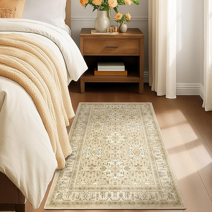 Warm Beige 3x5 Entryway Rug Indoor, Boho Floral Moroccan Pattern Printed Throw Rugs for Nursery Bedroom Bedside, Low Pile Thin Non Slip Washable Area Rug for Kitchen Foyer Mudroom Dorm
