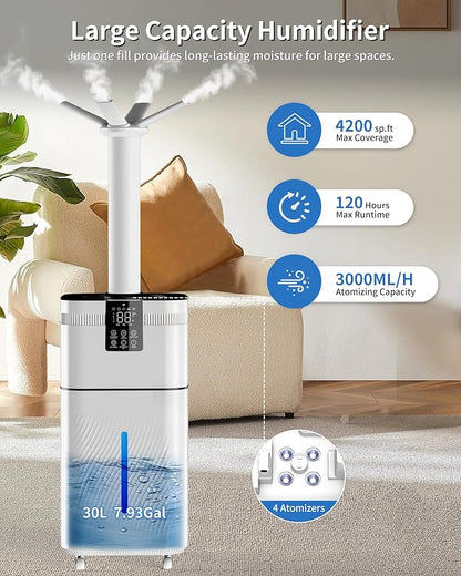Humidifier Large Room, 30L/7.93Gal Commercial Humidifier 4200 sq.ft, 3000ml/H Cool Mist Humidifiers with Top Fill, 4 Mist Mode,Timer for Plants, Office, Warehouse & Greenhouse