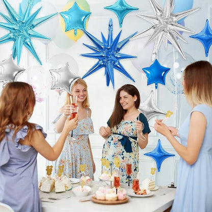 Blue Silver Star Balloon,16Pcs Star Foil Balloons Set with 22Inch Explosion Spike Cone Balloons and 10Inch Quadrangle Helium Balloon for Birthday Wedding Baby Shower Party Decorations