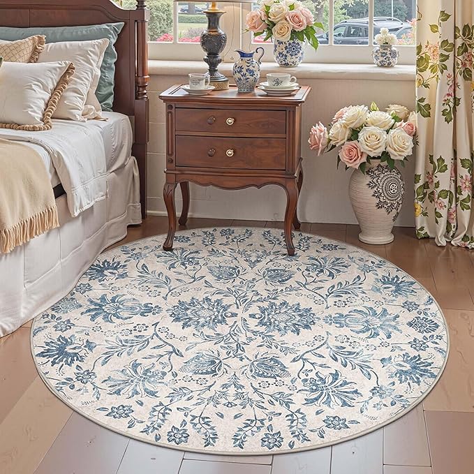 jinchan Classic Floral Round Rug 6ft, Vintage-Inspired Design 6’Circle Rug, Machine Washable Ultra-Thin Low-Pile Non-Slip Indoor Carpet for Bedroom Dining Room Living Room Entryway, Dark Blue