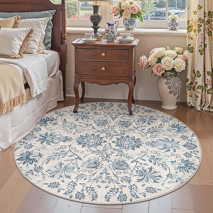 jinchan Classic Floral Round Rug 6ft, Vintage-Inspired Design 6’Circle Rug, Machine Washable Ultra-Thin Low-Pile Non-Slip Indoor Carpet for Bedroom Dining Room Living Room Entryway, Dark Blue