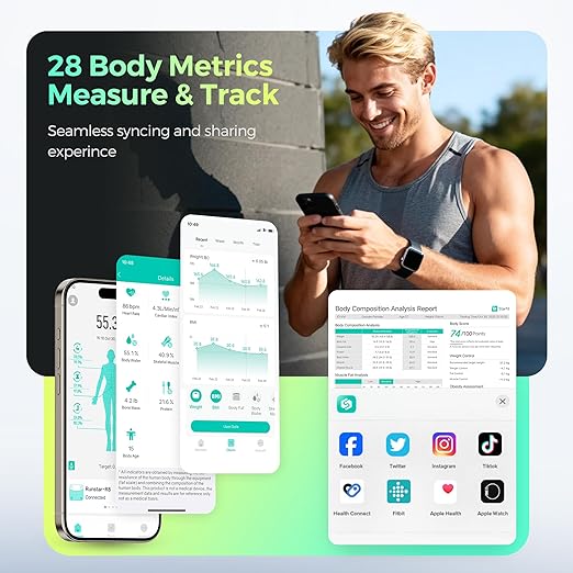 RunStar Smart Scale for Body Weight and Fat Percentage, 8 Electrodes High Precision Body Composition Scale with Set Functions Handle, Body Analyzer Scale Sync App 28 Metrics 400lbs