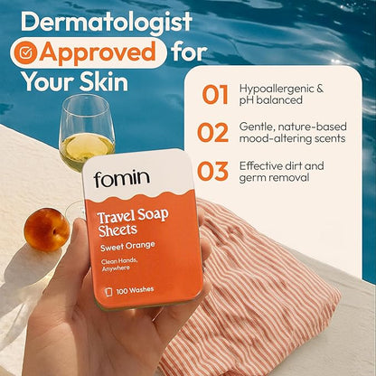 FOMIN - Antibacterial Paper Soap Sheets Tin for Traveling - (300 Sheets) Variety Pack (Unscented, Orange, Lavender) Portable Travel Hand Soap Sheet, Dissolvable Mini Camping Hand Soap for Hand Washing