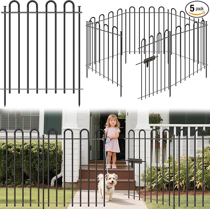 5 Panels Decorative Garden Fence with Gate, 32 in (H) x 10.8 ft (L) Metal Thick Tube No Dig Dog Fence Outdoor for Yard, Rustproof Tall Animal Barrier Fencing, Garden Edging Border for Yard, Patio