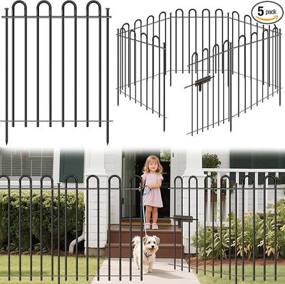 5 Panels Decorative Garden Fence with Gate, 32 in (H) x 10.8 ft (L) Metal Thick Tube No Dig Dog Fence Outdoor for Yard, Rustproof Tall Animal Barrier Fencing, Garden Edging Border for Yard, Patio