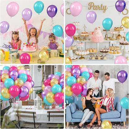 Teal Pink Purple Balloons, 12 Inch Princess Balloons, Pastel Pink Teal Purple Metallic Gold Confetti Balloon Latex Balloon for Girl Baby Shower Gender Reveal Princess Birthday Party Decoration