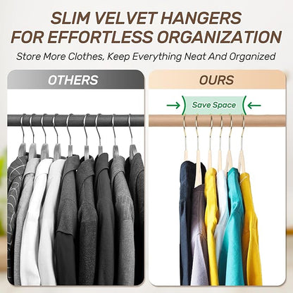 Premium Velvet Hangers 30 Pack with Gold Hooks, Non-Slip, Space Saving Felt Clothes Hangers, Sturdy Slim Flocked Hanger for Dresses, Coats, Tie and Pants(Beige)