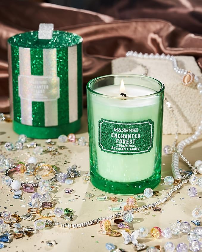 M&SENSE Cederwood Pine Scented Candles, Christmas Candle Home Glitter Jar Candle, Holiday Gifts for Women, Strong Scented Natural Soy Candle for Christmas Decor, 50 Hours Long Burning Candles