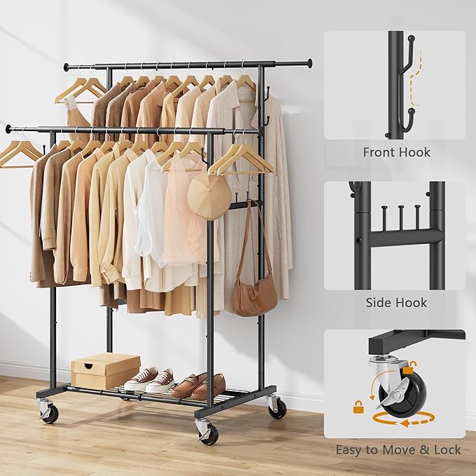 Double Rod Garment Rack with Wheels, Heavy Duty Rolling Clothes Rack For Hanging Clothes, Portable Metal Clothing Rack with Shelves,Black, 64.2inch Chrome