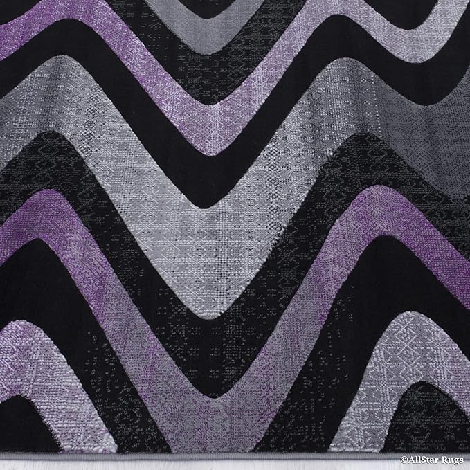 Allstar 8x10 Grey and Gainsboro Grey Modern and Contemporary Rectangular Accent Rug with Purple and Charcoal Grey Wavy Zigzag Design (7' 9" x 9' 8")