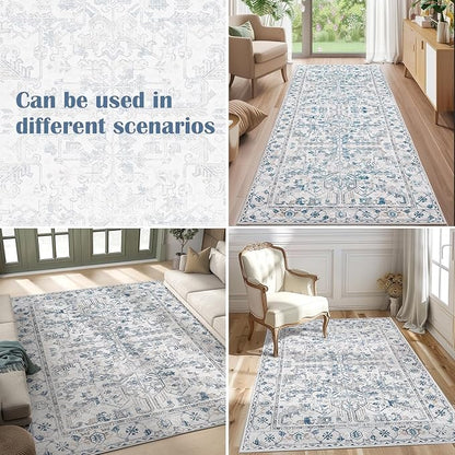 jinchan Kitchen Runner Rug 3x8 - Vintage Floral Machine Washable Non-Slip Hallway Runner Rug with Rubber Backing Ultra-Thin Carpet for Bedroom Laundry Room Farmhouse (3x8ft,Blue)