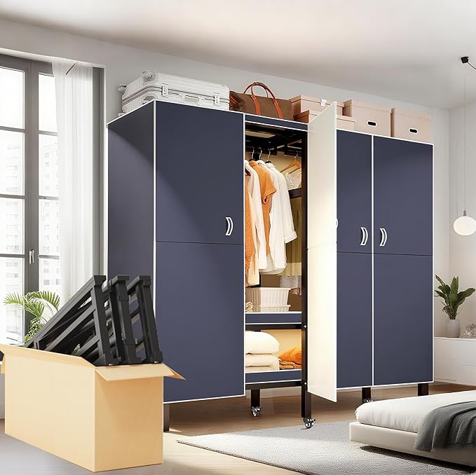 Heavy Duty Clothes Rack with Magnetic Door, Metal Foldable Covered Clothes Rack, Portable Wardrobe Closet System for Hanging Clothes, Rolling Garment Racks for Bedroom (Navy Blue Doors, 74.8in)