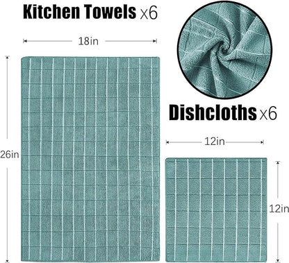 Microfiber Kitchen Towels and Dishcloths Set, 26 X 18 Inch and 12 X 12 Inch, Set of 12 Bulk Lint Free Dish Towels for Drying Dishes, Lake Blue