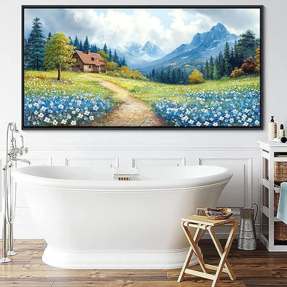 CHATYOUNG Large Mountains Wall Art, Rustic Blue Forest Wild Flowers Wall Picture Path Cottage Landscape Framed Wall Paintings for Living Room Bedroom kitchen Home Decor Gifts for Women 29"X58"