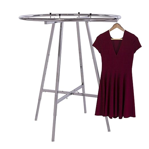Econoco 42-Inch Folding Round Garment Rack, Adjustable 46–66″ Height Retail Display, Chrome Finish